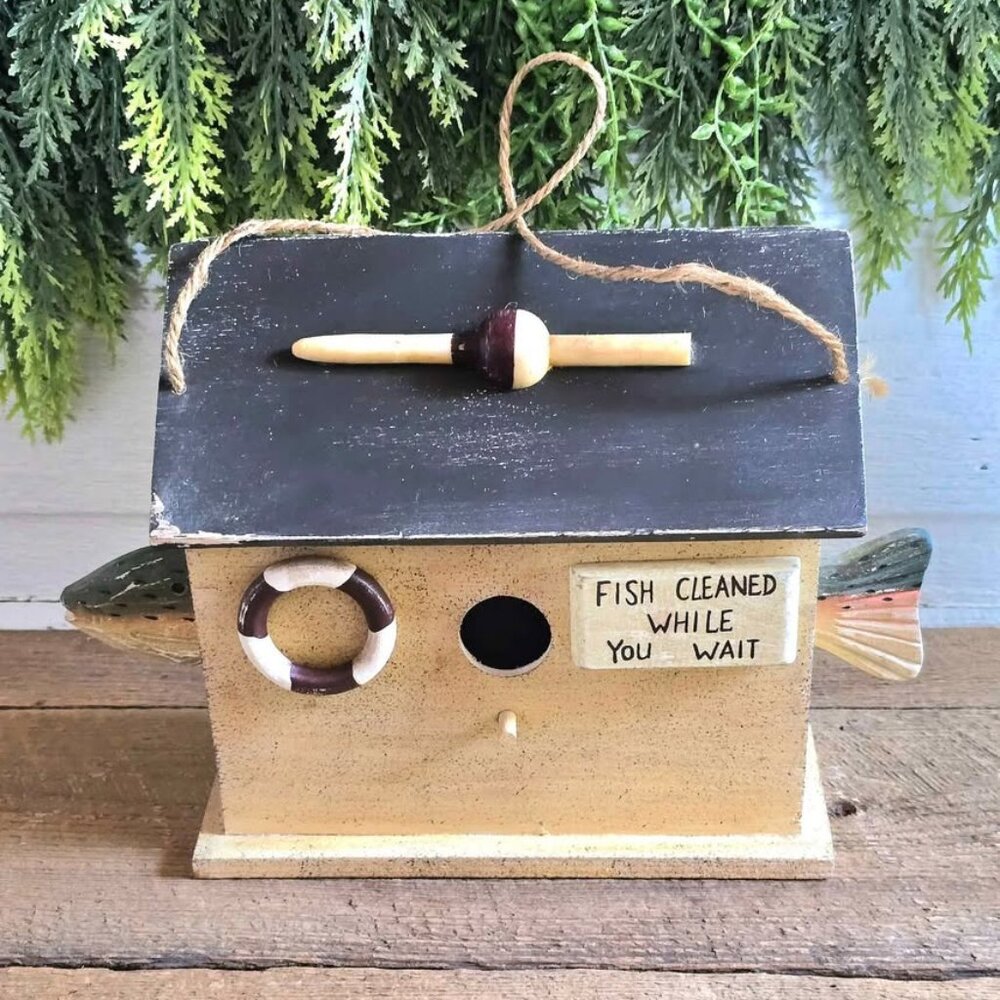Primitive Fishing Themed Wall Hanging Birdhouse Northwoods Cabin Lodge Decor